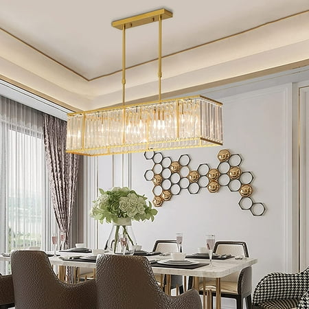 

Miumaeov Crystal Pendant Light Vintage 4-Light Rectangular Chandelier Rectangle Ceiling Lamp for Kitchen Island Dining Room Golden with E12 Bulb Base