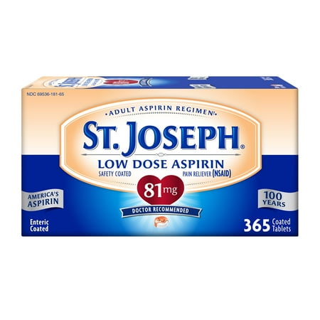 St. Joseph Aspirin Pain Reliever (NSAID) 81mg, Enteric Safety Coated, Adult Low Dose Regimen, 1 Year Supply, 365 Ct