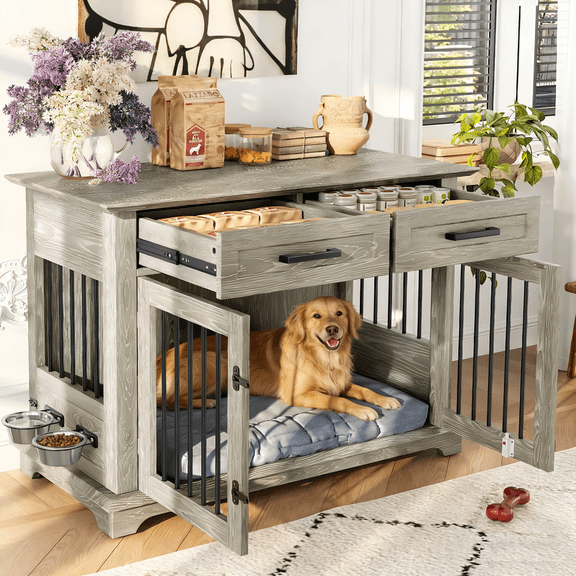 WGYPRIME 44.48" Large Dog Crate Furniture, Wooden Indoor Dog Kennel with 2 Storage Drawers and Rotating Bowls, Decorative Pet Cage Dog House for Medium Dogs