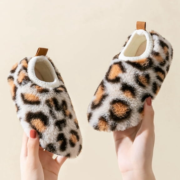 YMNXA Big Boys Girls Slippers Non Slip Soft Sole Leopard Print Plush Warm Fashion Comfortable Shoes For Daily Wear Beige 24
