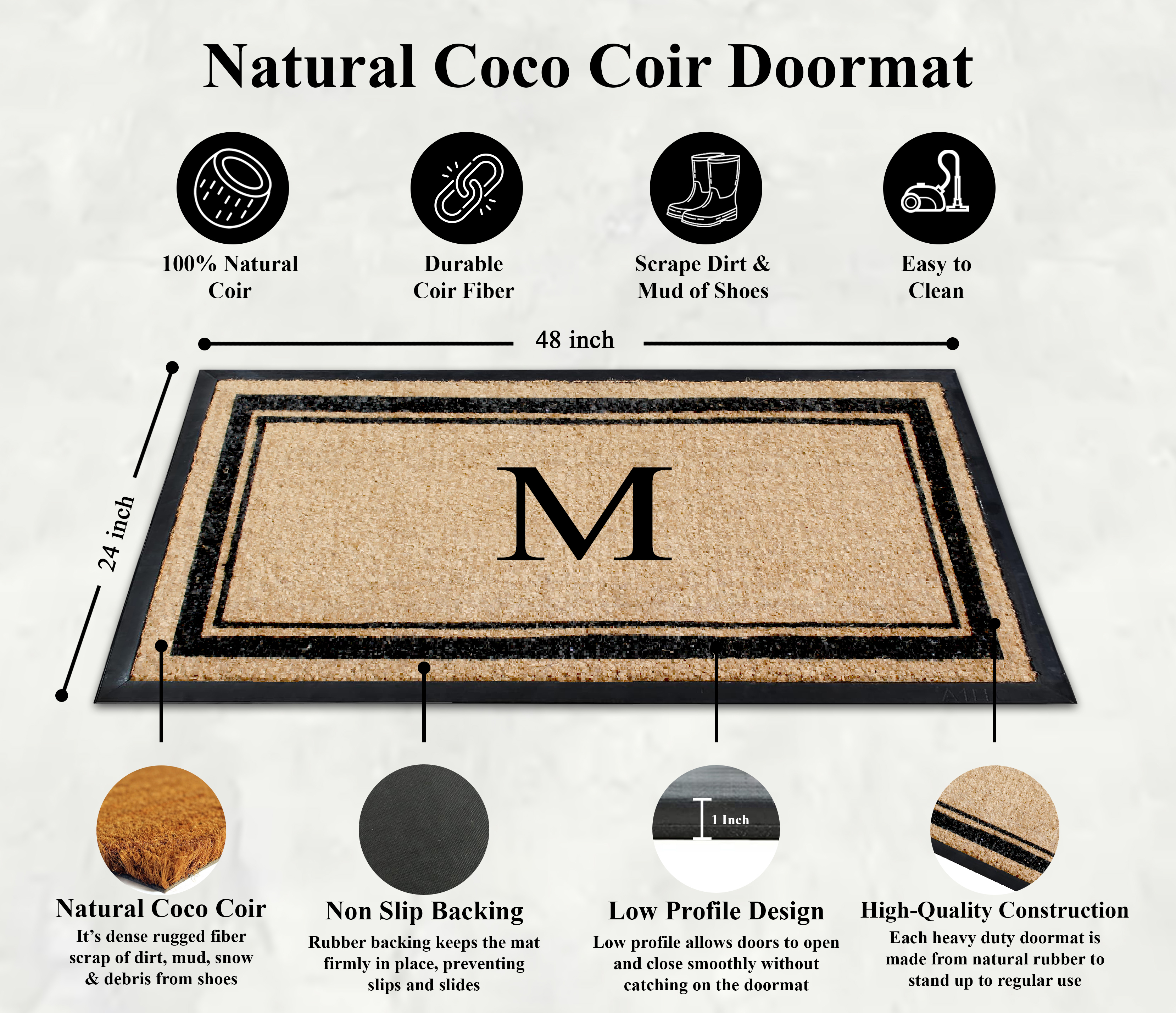 A1HC Natural Coir & Rubber 24"x48" Monogrammed Plain Border Door Mat, Heavy-Duty, Low-Profile, Anti-Shed, Easy to Clean, Outdoor