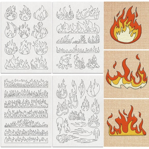 44Pcs Flame Water Soluble Hand Sewing Stabilizers 8.3"x11.7" Fire Embroidery Pattern Stabilizer 4 Sheets Stick and Stitch Embroidery Paper Sticker