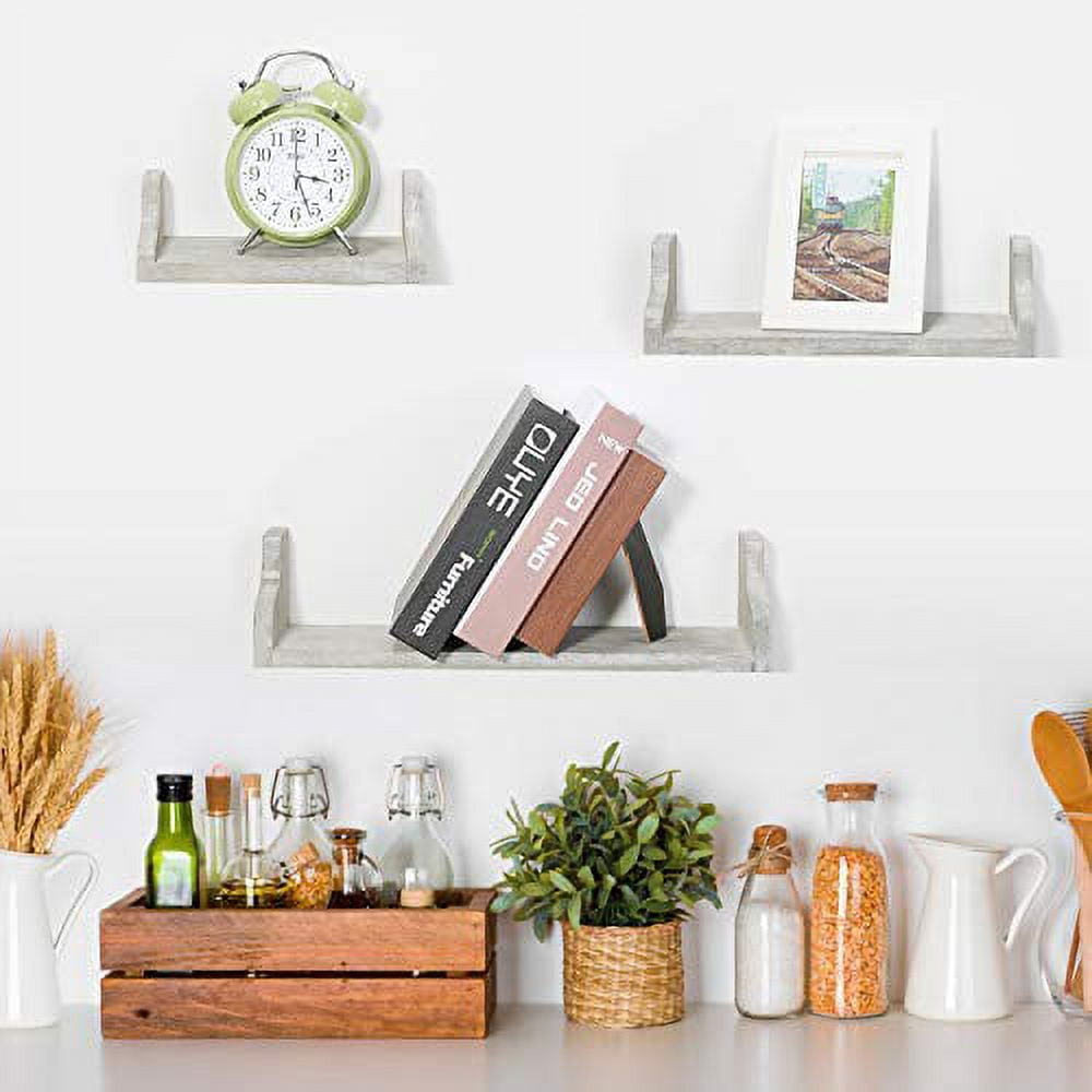Wall-Mounted Floating Wall Shelves with Metal Brackets, Set of 3 - Rustic Gray