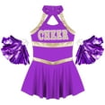 thumbnail image 4 of vastwit Costume de Pom-Pom Girl pour Filles Sans Manches à Lettres Imprimées Uniforme de Cheerleading Robe Plissée avec Pompons Violet 16, 4 of 7