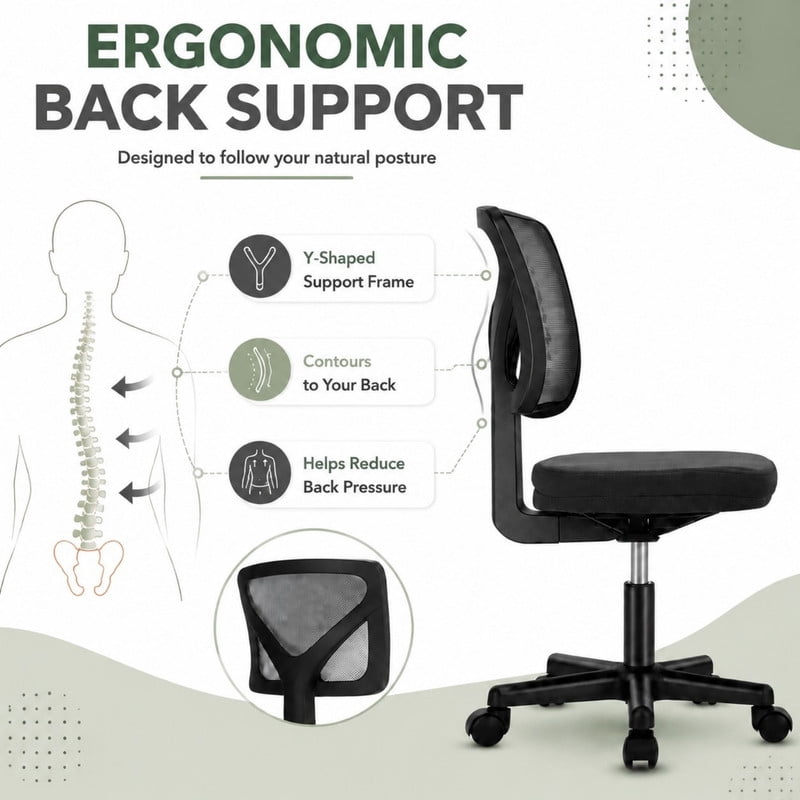 BEAUTYPEAK Desk Chair with Y-Shaped Lumbar Support Adjustable Armless Mesh Office Chair with Wheels for Home Office, Black