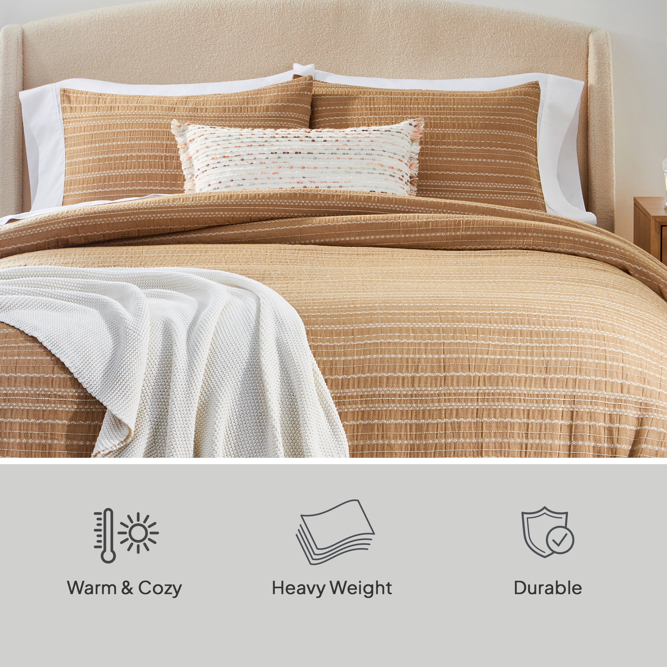 Better Homes & Gardens King Comforter Set, All-Season, 3-Piece, Dark Camel Stripe
