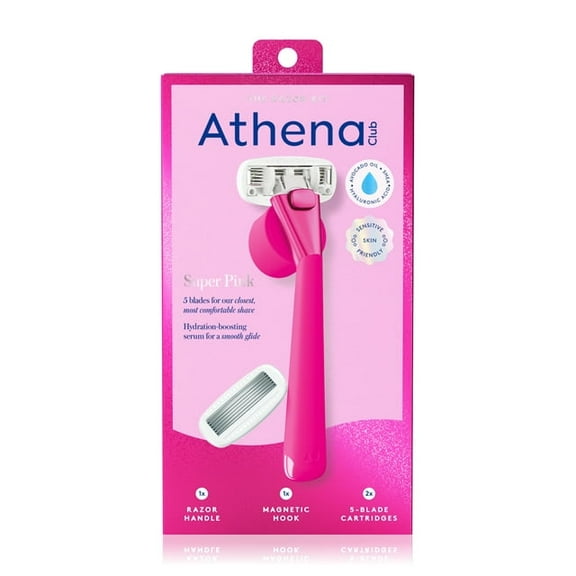 (2 Pack) Athena Club 5-Blade Women's Razor Kit - 1 Handle, 2 Blade Refills, Magnetic Hook - Super Pink