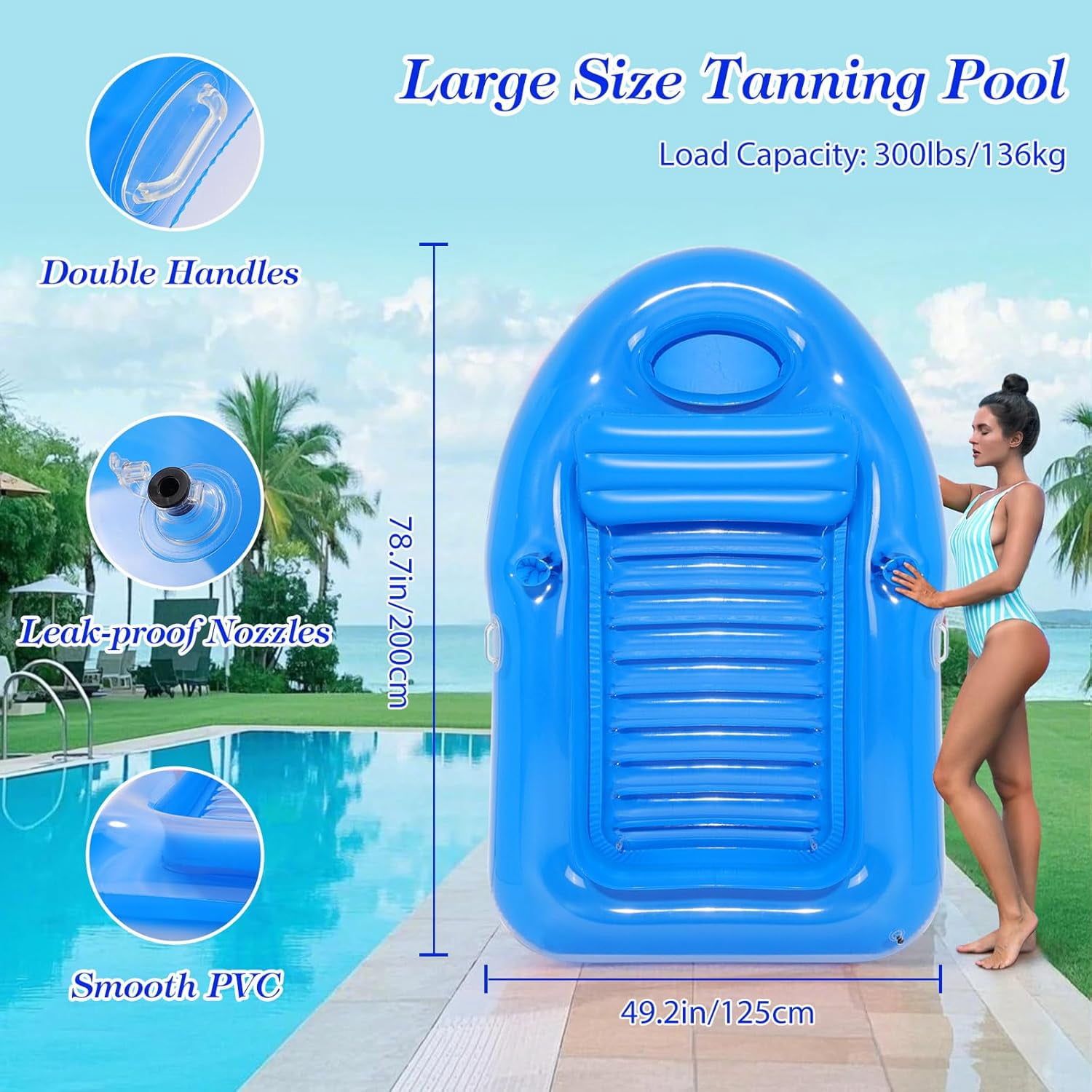 Pool Floats Adult, Large Floating Bed with Ice Bar, Tanning Bed Pool Raft Inflatable Lounger with Drink Holder Tanning Chair Inflatable Pool Toys for Party Beach Backyard