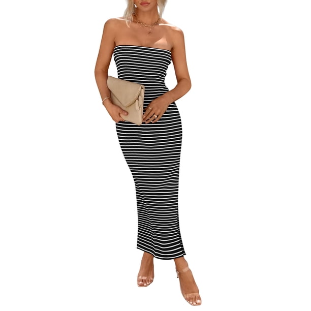Vestido PRETTYGARDEN Strapless Bodycon Maxi con Abertura Negro Blanco L