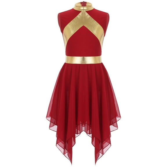 Girls Liturgical Praise Dance Dress Metallic Contrast Color Sleeveless Asymmetrical Hem Performance Costumes