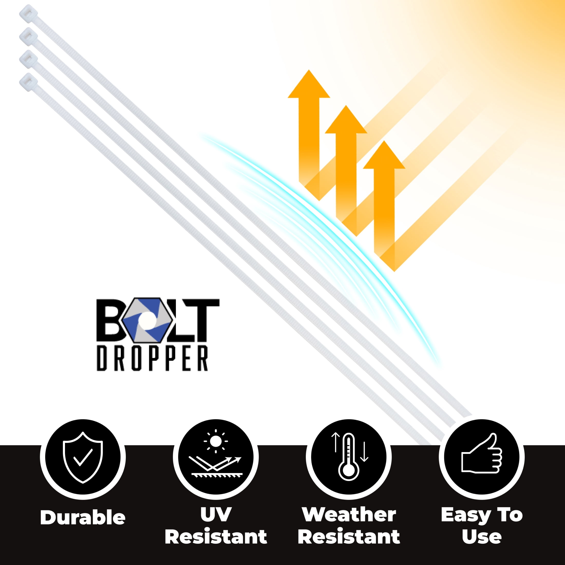White Zip Ties Heavy Duty - 12" Self-Locking Cable Ties (100 Pack) with 120lbs Tensile Strength for Indoor and Outdoor Use by Bolt Dropper