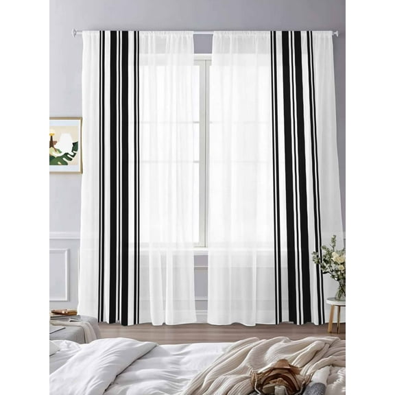 Farmhouse Black Sheer Curtains 84 inches Long 2 Panels Set White Stripes Decoration Tiers Sheers Rod Pocket Small Window Short Curtains for Kitchen Cafe, Each 52" W x 84" L