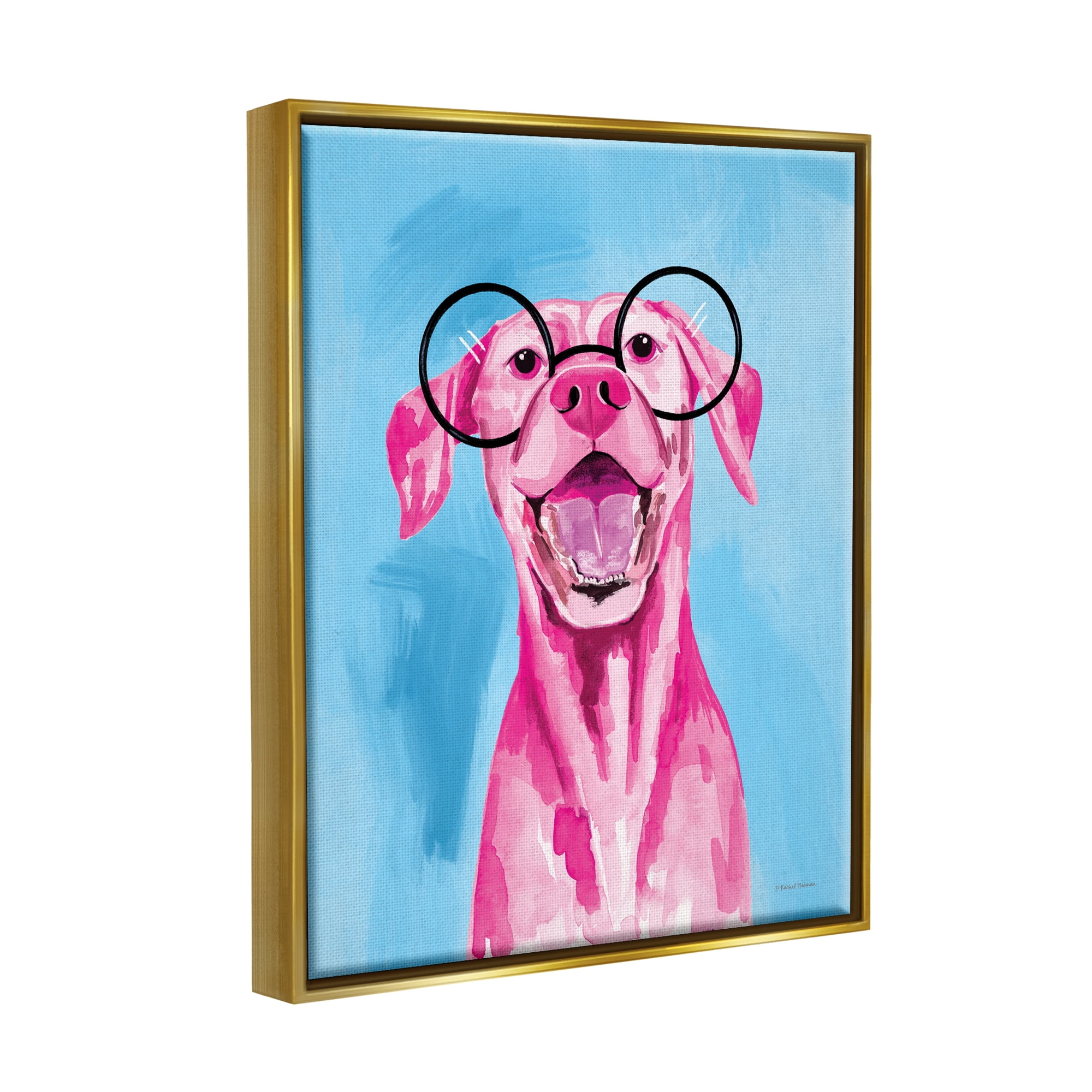 Stupell Industries Pink & Blue Happy Dog Animals & Insects Painting Gold Floater Framed Art Print Wall Art, 25 x 31