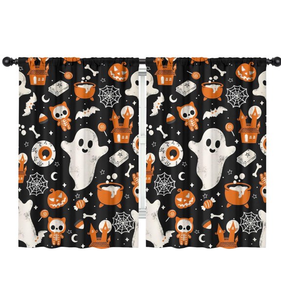 2 PCS Halloween Kitchen Curtains with Spooky Ghost and Pumpkin Print, Semi-Sheer Tier Curtains Set,42x63in long Curtains Set