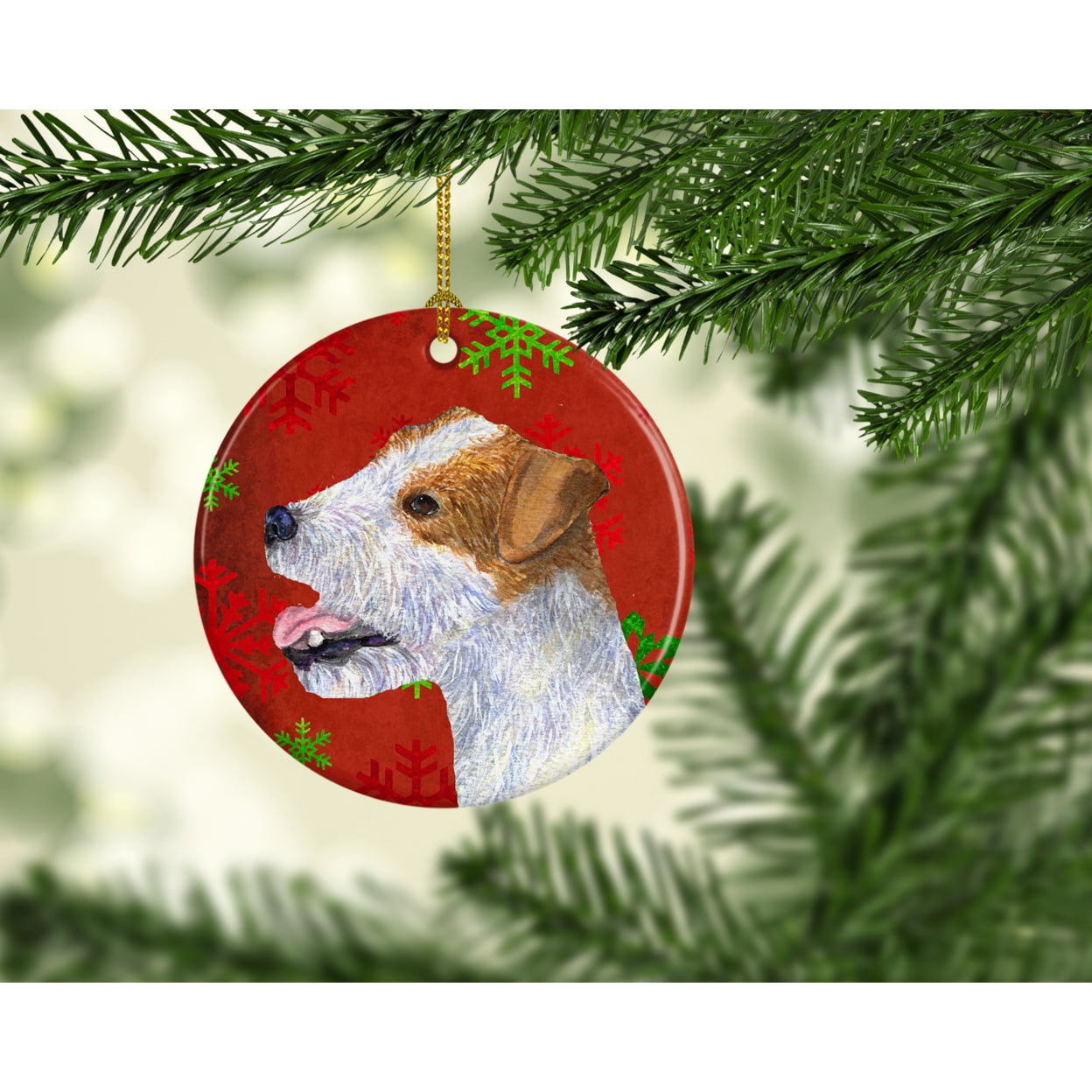 Carolines Treasures SS4711-CO1 Jack Russell Terrier Red Snowflakes Holiday Christmas Ceramic Ornament, Multicolor