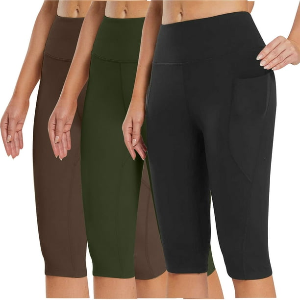 Womens Knee Length Yoga Pants with Pockets, Tummy Control Workout