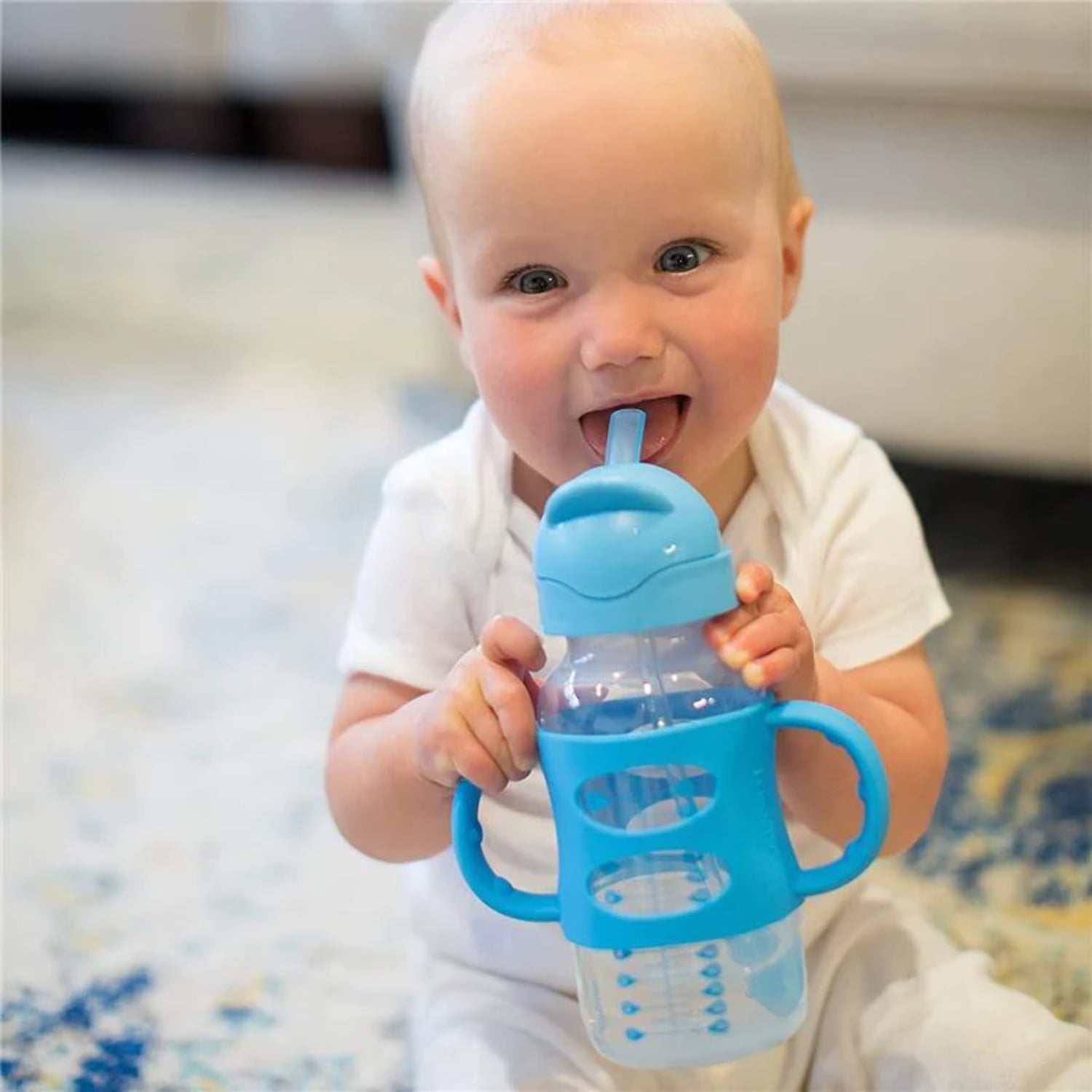Dr. Brown's Milestones Wide-Neck Sippy Straw Bottle, 100% Silicone Handles, 9oz/270ml, 6m+, Blue
