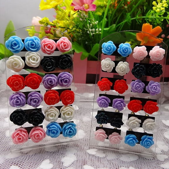 Naierhg 12 Pairs Women's Rose Flower Mixed Color Flower Ear Stud Earring