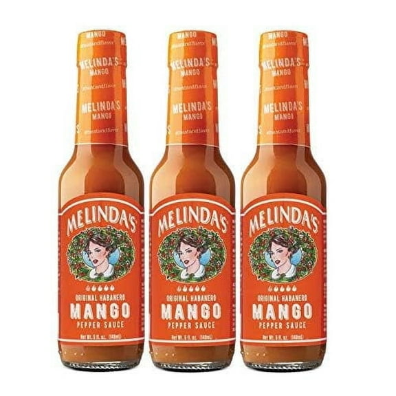 Melinda’s Mango Habanero Hot Sauce - Sweet & Mild Hot Sauce - Mango Habanero Sauce Made with Fresh Ingredients, Real Mango, Habanero Peppers, Vinegar, Carrot & Lime - 5oz, 3 Pack