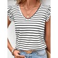 thumbnail image 2 of Women's Summer Fly Sleeves Tops Stripe Print V-Neck Back Tie Bow Loose T-Shirt Streetwear, 2 of 9