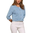 thumbnail image 4 of INSPIRE CHIC Women's Summer 3/4 Sleeve Collarless Button Up Denim Jean Jackets XS Light Blue, 4 of 5