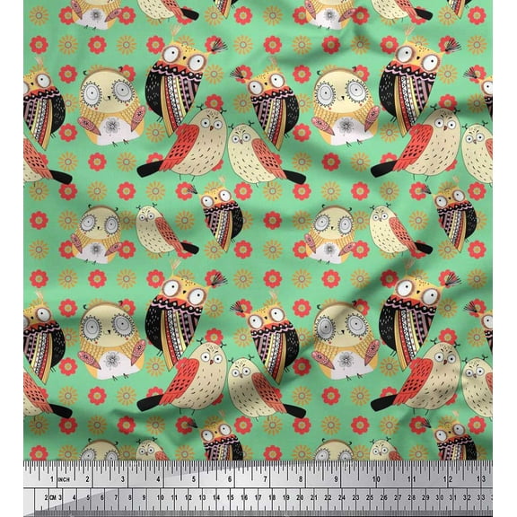 Soimoi Crepe Silk Fabric Floral & Owl Cartoon Print Fabric by The Yard 42 Inch Wide