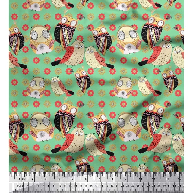 Soimoi Modal Satin Fabric Floral & Owl Cartoon Print Fabric by Yard 42 Inch Wide