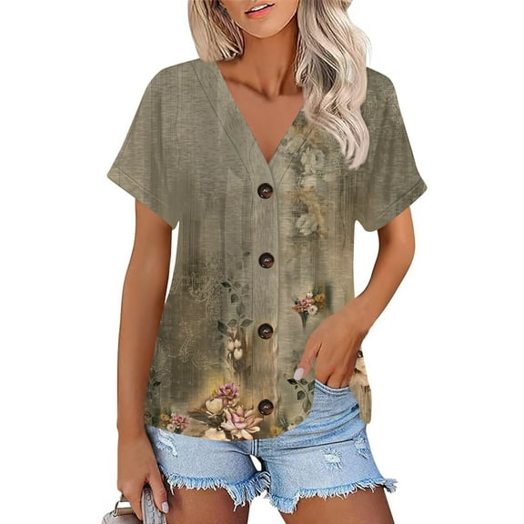 NAMTYQX Short Sleeve Tops for Women Patterned Trendy Plus Size Short Sleeve Loose Lounge Soft Light V Neck Open Front Army Green Size L