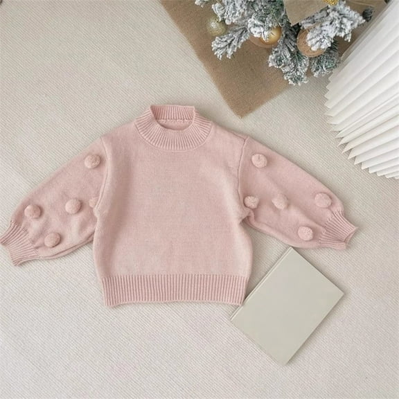 XIMIN Baby Girls Oversized Ribbed Knit Sweater with Fluffy Ball Long Puff Sleeve Mock Neck Oversized Tops Lightweight Warm Cute Pullover Shirt Fall Winter Clothes