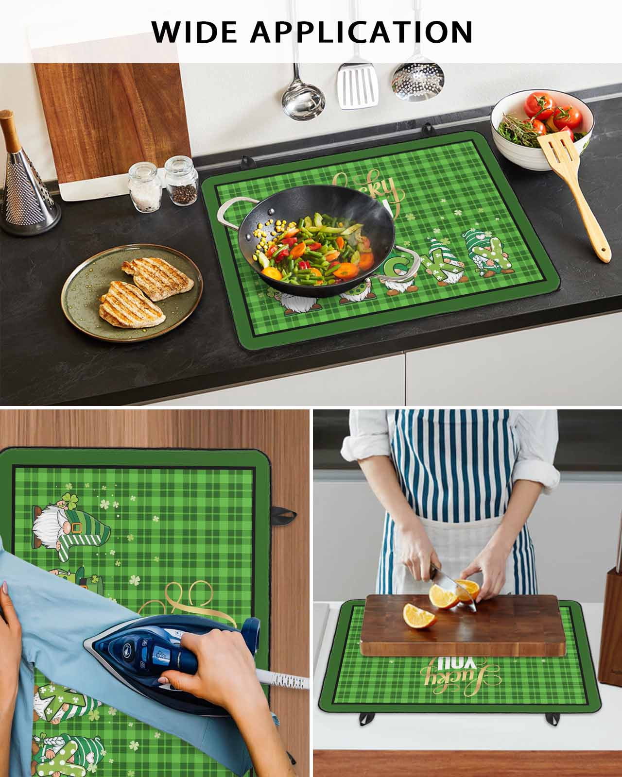 Large Induction Cooktop Protector Mat St. Patrick's Day Stove Top Covers for Electric Stove, Lucky Gnomes Shamrock Green Plaid Decorative Stove Burner Cover Mats, Glass Top Stove Cover