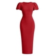thumbnail image 6 of Women's Puff Sleeve Bodycon Work Dresses Crew Neck Business Casual office Pencil Dress Red XL(XL), 6 of 7