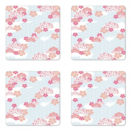 

Japanese Coaster Set of 4 Squama Cherry Blossom Land of the Rising Sun Pattern Square Hardboard Gloss Coasters Standard Size Dark Coral Pale Blue by Ambesonne