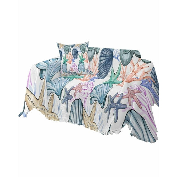 Blue Seashell Sofa Couch Covers for Dog,Washable Sectional Couch Slipcovers for Loveseat with Tassels,Coastal Coral Starfish Nautical Beach Non Slip Sofa Throw Cover Blanket Large 71''x102''