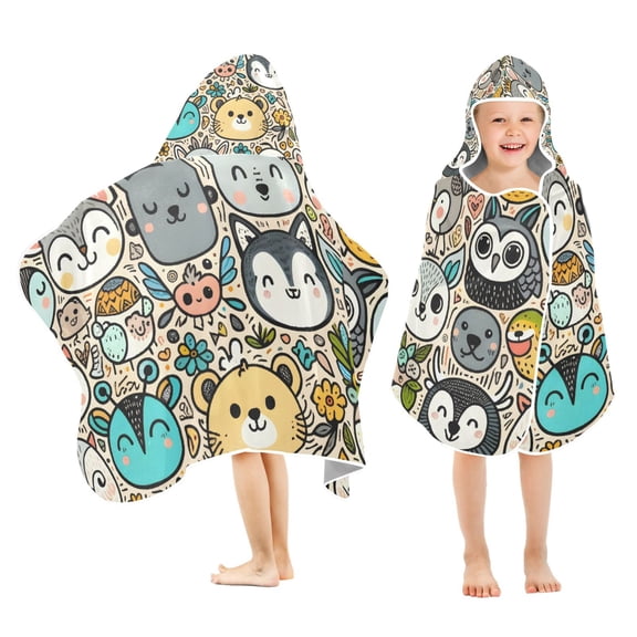 Cute Animal Faces Kids Hooded Beach Towel Baby Bath Poncho Towels with Hood Absorbent 50"x23.5" for Pool Swimming