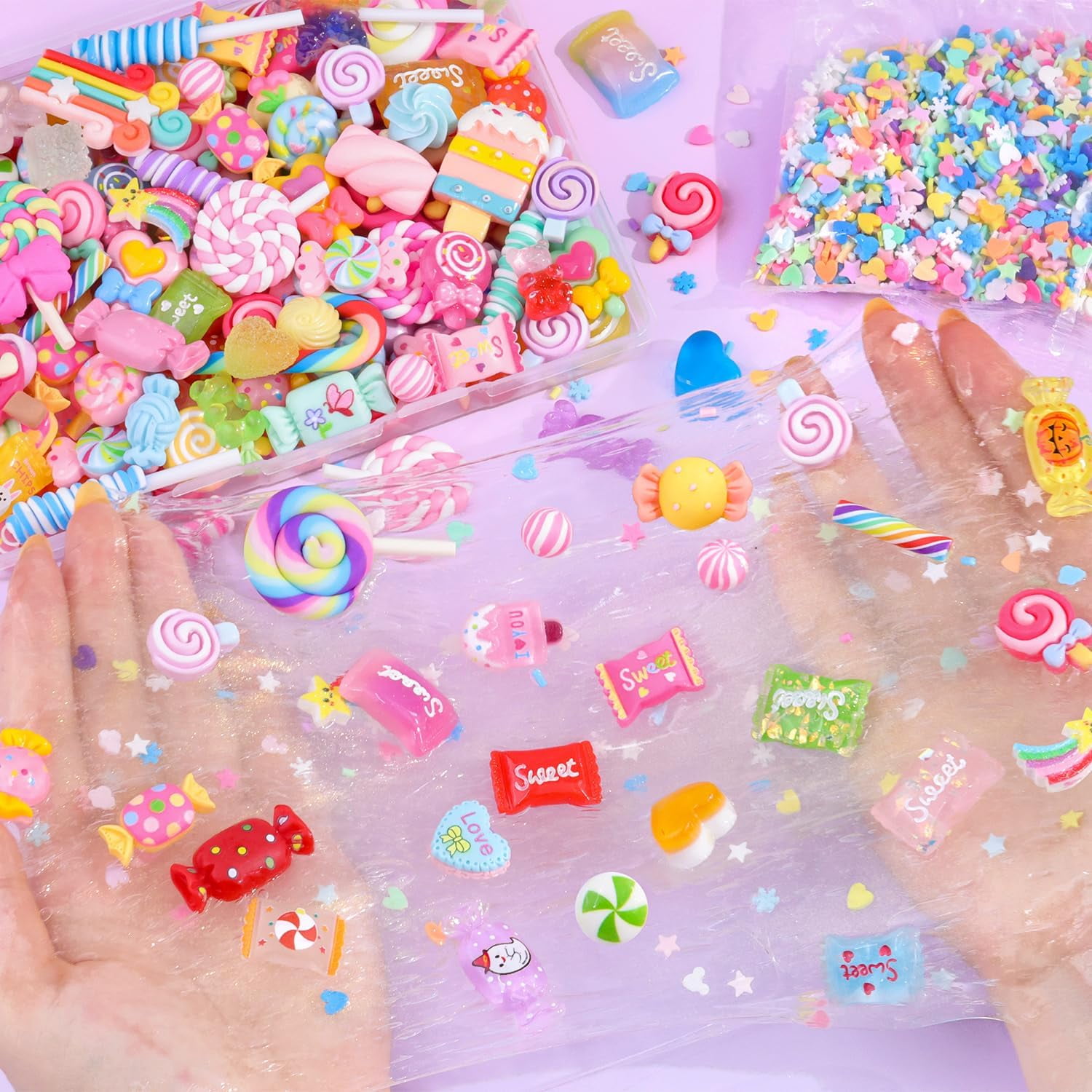 MEC 120Pcs Candy Slime Charms Assorted Cute Decoden Embellishments, Kawaii Slime Accessories,Bulk Lollipop Bow Rainbow Flatback Resin Charm for Phone Junk Cases,Scrapbooking Crafting & DIY Decoration