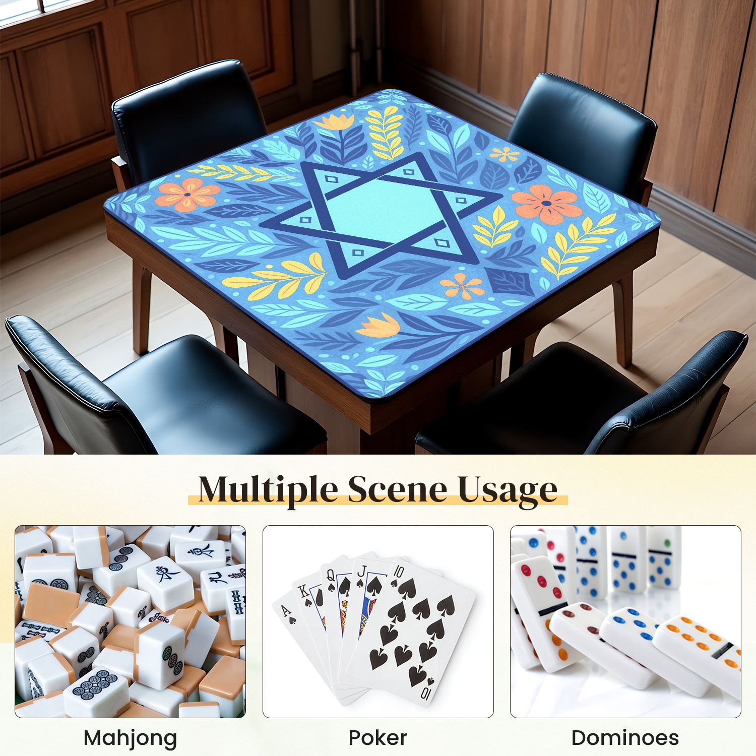 Mahjong Mat 31.5" x 31.5" Floral Design Blue Yellow Accents Anti-Slip and Noise Reduction Symmetry Design Mahjong Tiles Table Cover for Dominoes Poker Card Board and Tile Games