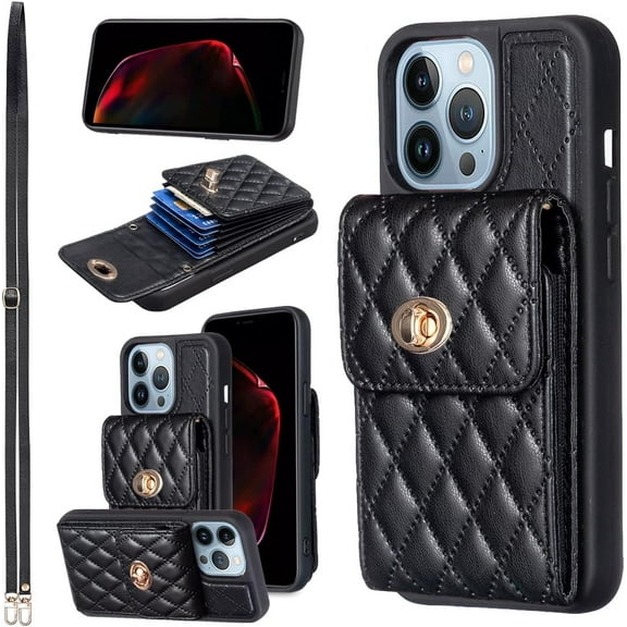 Phone Case for iPhone 13 Pro 6.1 inch Wallet Cover with Credit Card Holder Slot Shoulder Crossbody Strap Long Lanyard Leather Cell iPhone13Pro 5G i i-Phone i13 iPhone13 13Pro Women Girls Black