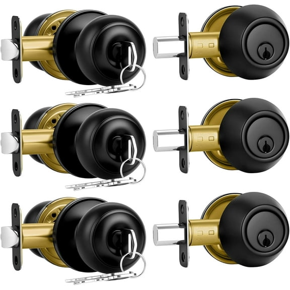 3 Pack Front Door Lock Set Matte Black,Exterior Door Lock Set with Deadbolt,Single Cylinder Deadbolt Lock and Door Knob Set,Keyed Alike Door Knobs with Lock&Keys,Round Ball Entry Door Lockset