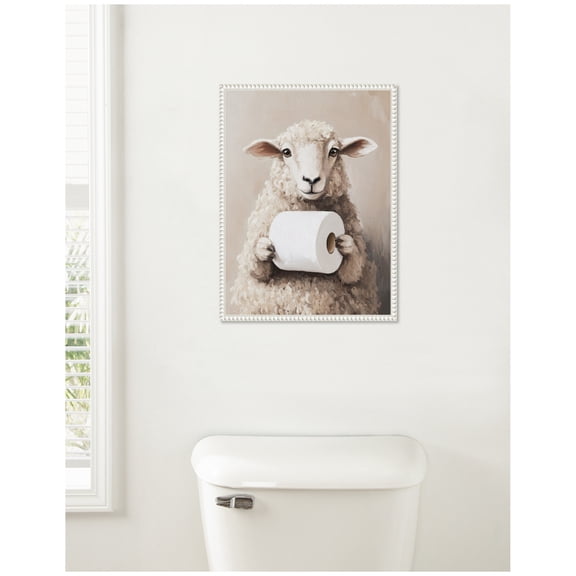 Kate and Laurel Cure Sheep Toilet Paper Roll Toilet Bathroom Art Framed Canvas Wall Art by The Creative Bunch Studio 18 x 24 Sylvie Beaded White, Whimsical, Animals, Humor, Bathroom Art for Wall Decor