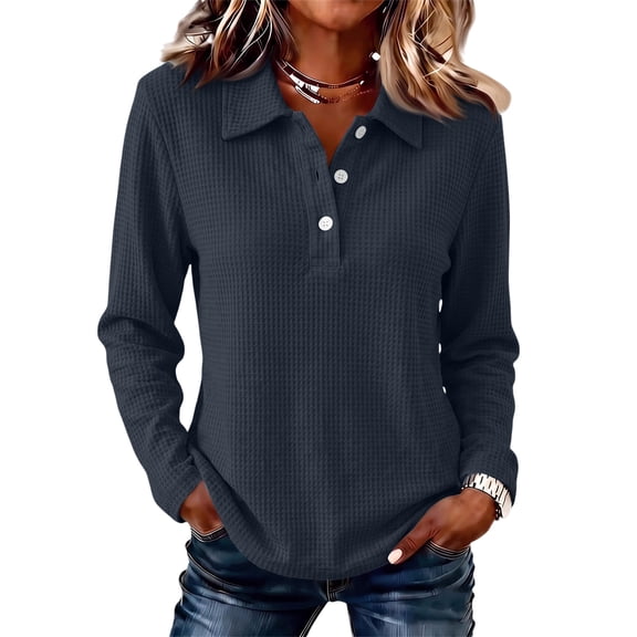 Hsovts Women's Cotton Collared Long Sleeve Polo Shirt Preppy Solid Shirts Tops Assorted Colors Easy‑Match Jeans Pants Outfits Blue 3xL