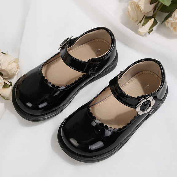 Rexoro Girls Mary Janes Dress Shoes Faux Patent Leather Hook Loop Flats for Wedding Party