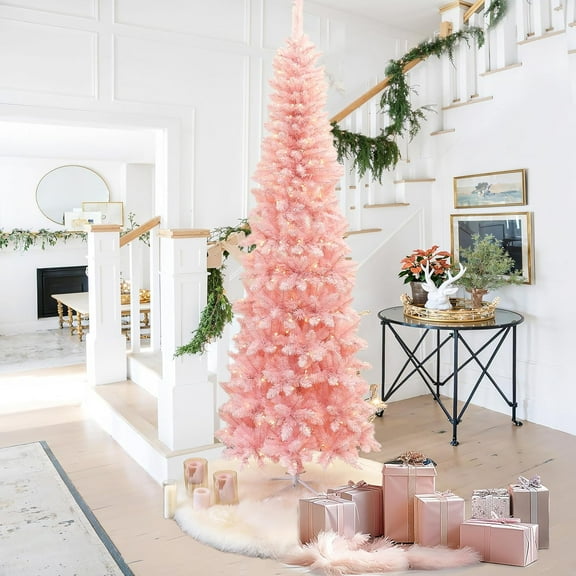 LuxenHome 7Ft Pre-Lit Pink Slim Tree with Metal Stand