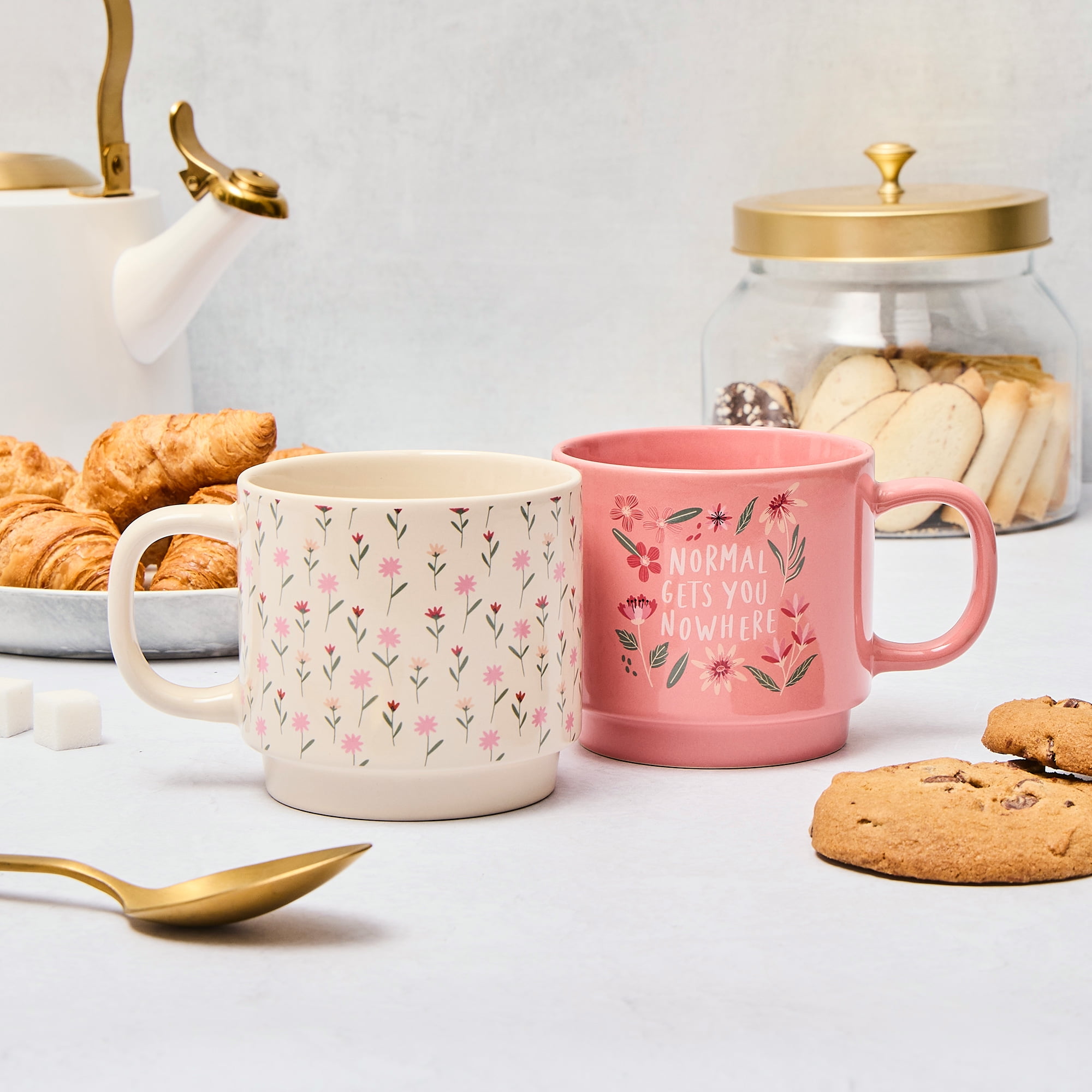 Thyme & Table 14.2 fl oz Floral Pink and White Stoneware Stacking Mugs, Set of 2