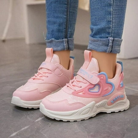 

Girls Pink Breathable Mesh Kids Sports Shoes 2023 Heart-shaped Sweet Princess Sneakers Cute Hook & Loop Children‘s Casual Shoes