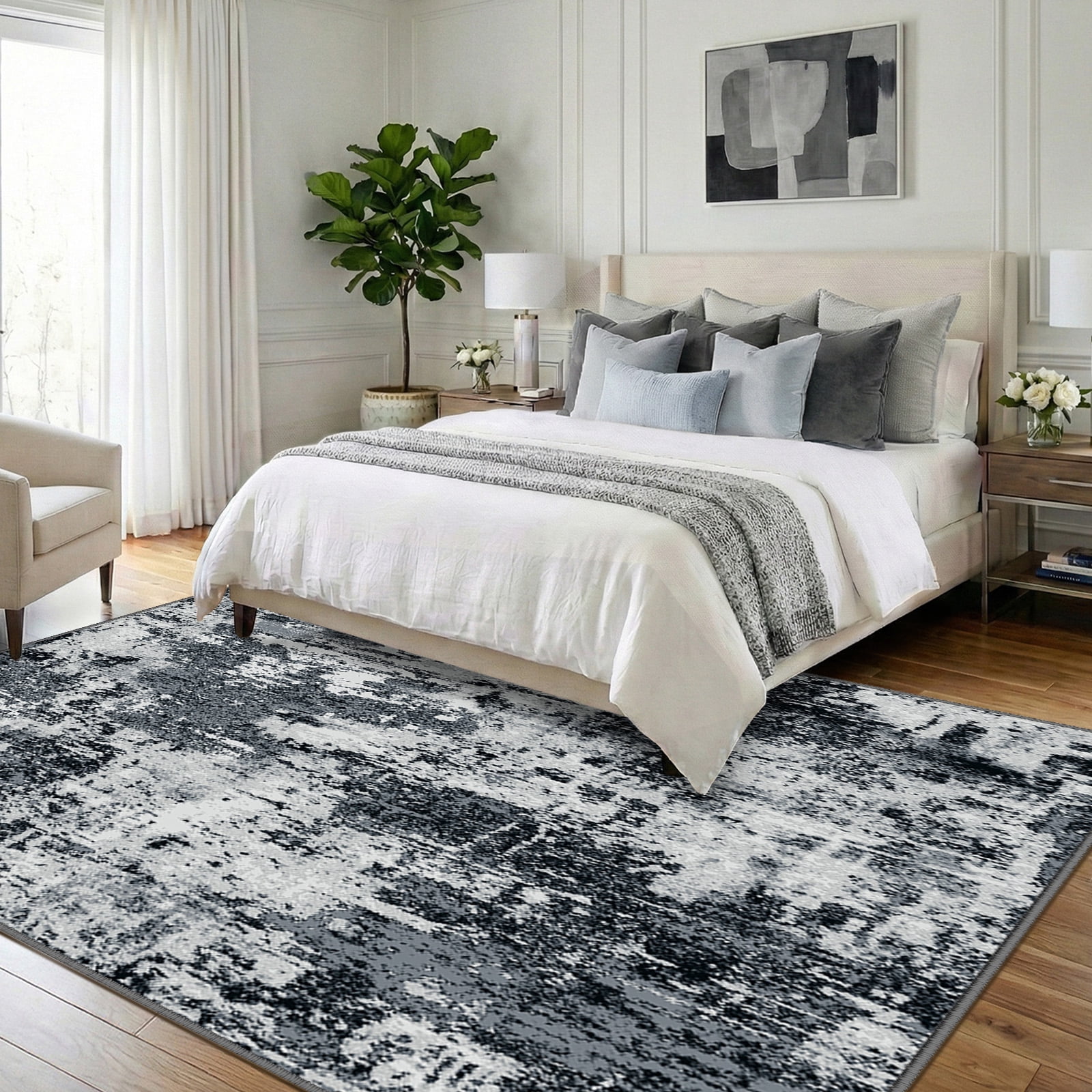 NewBuros Area Rugs 6'x9', Modern Abstract Non-Slip Washable Rugs for Living Room, Soft Low Pile Stain Resistant Indoor Carpet for Bedroom Dining Room Playroom, Black