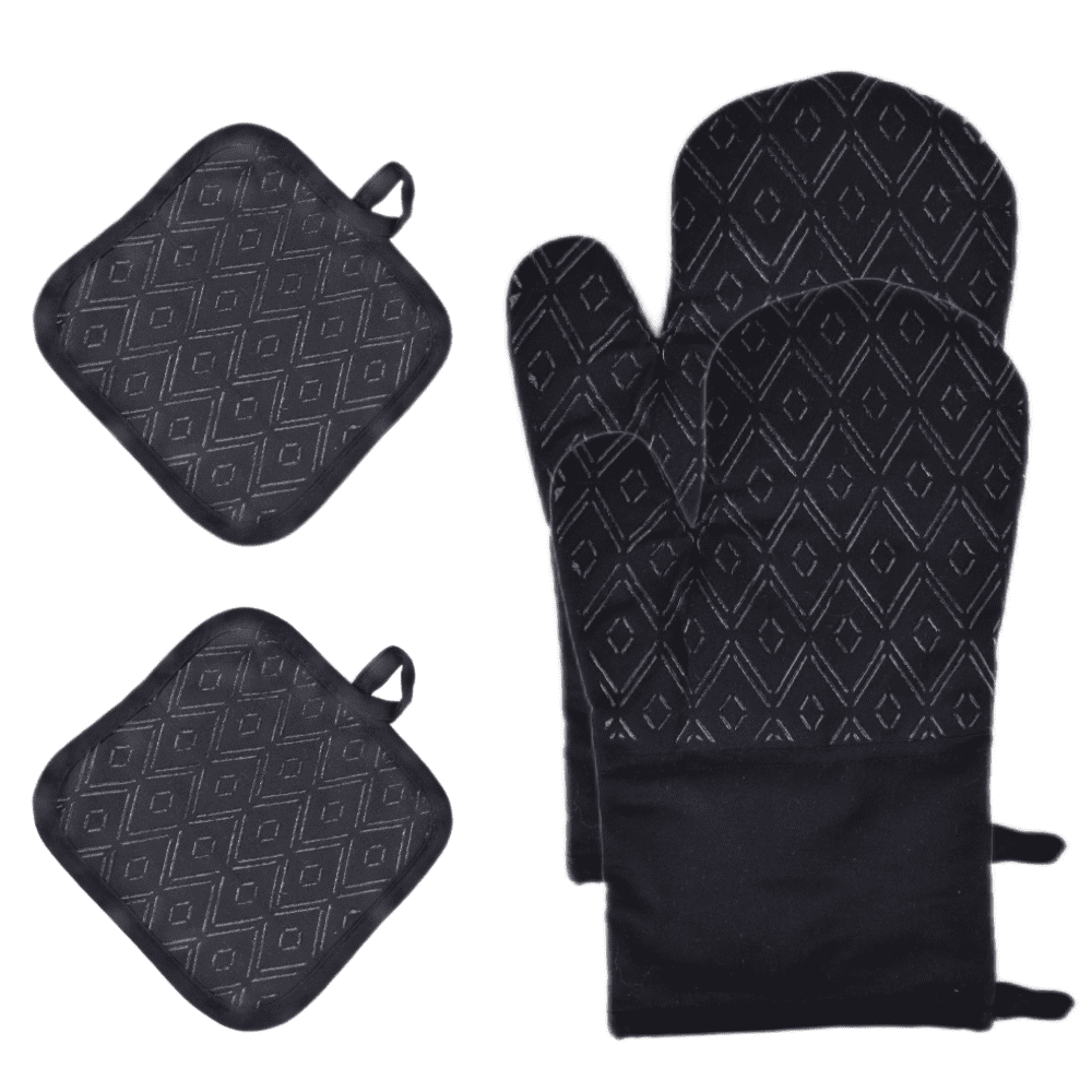 Rainfearless 4pcs Black Cotton Oven Mitts and Pot Holders Set Durable Hot Pads Machine Washable BBQ Gloves Heat Resistant Pocket Pot Holder with Hanging Loop for