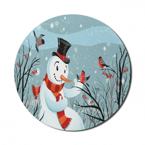Christmas Mouse Pad for Computers, Snowy Winter Tree Branches Berries Bullfinch Birds Snowman Hat, Round Non-Slip Thick Rubber Modern Gaming Mousepad, 8" Round, Almond Green Orange, by Ambesonne