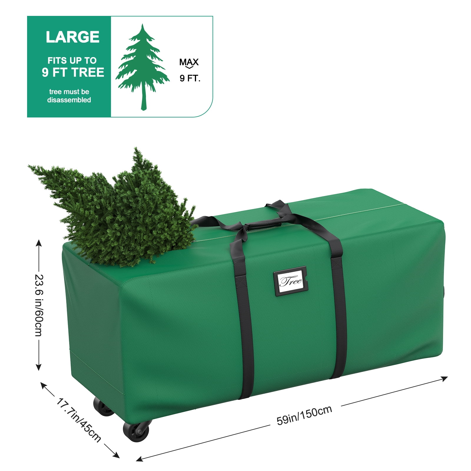 Christmas Tree Storage Bag, Heavy-Duty 600D Oxford Cloth Fits Up to 9FT Xmax Christmas Tree Storage Box with Rolling Wheels, Dark Green