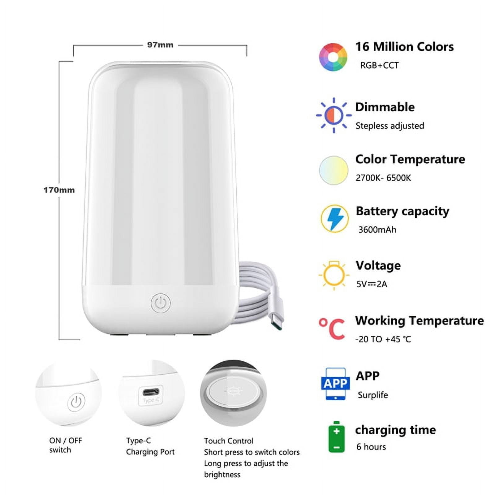 Bluetooth Smart Touch Bedside Table Lamp Dimmable RGB LED Light Rechargeable Kids Desk Lamp Camping Room Atmosphere