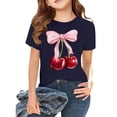 thumbnail image 2 of CPNG Girls Summer T-shirt Bow Cherry Print Loose Casual Stylish Crewneck Short Sleeve Cool Sports Top(Dark Blue,8-9 Years), 2 of 8
